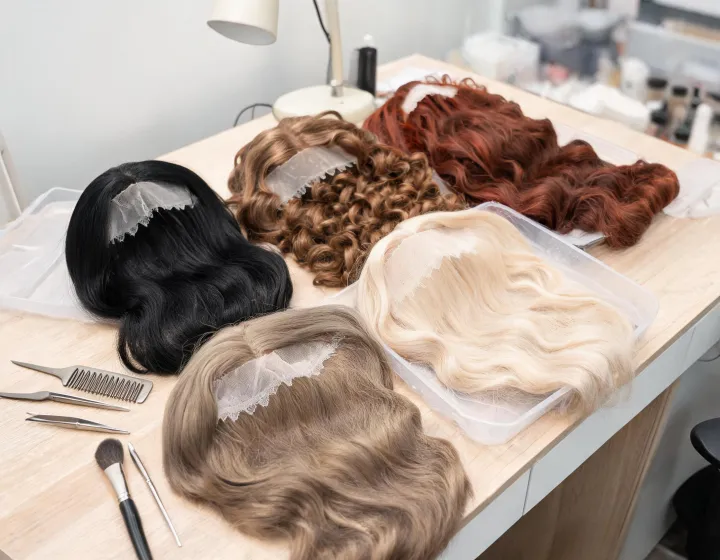 Lace Front Wig Sourcing on a cosmetics bench, illustration only