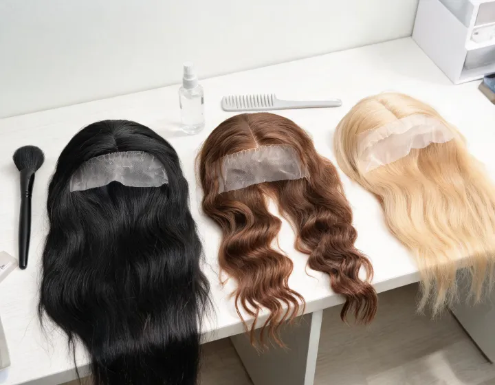 lace front wig human hair manufacturers on a cosmetics bench, illustration only